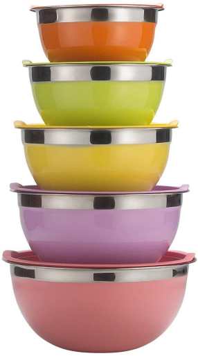 Raking 5 Piece Mixing Bowls Large 5 Quart Capacity Stainless Steel Bowl Set With Colorful Lids for Kitchen, Camping and Food Storage Multi Color