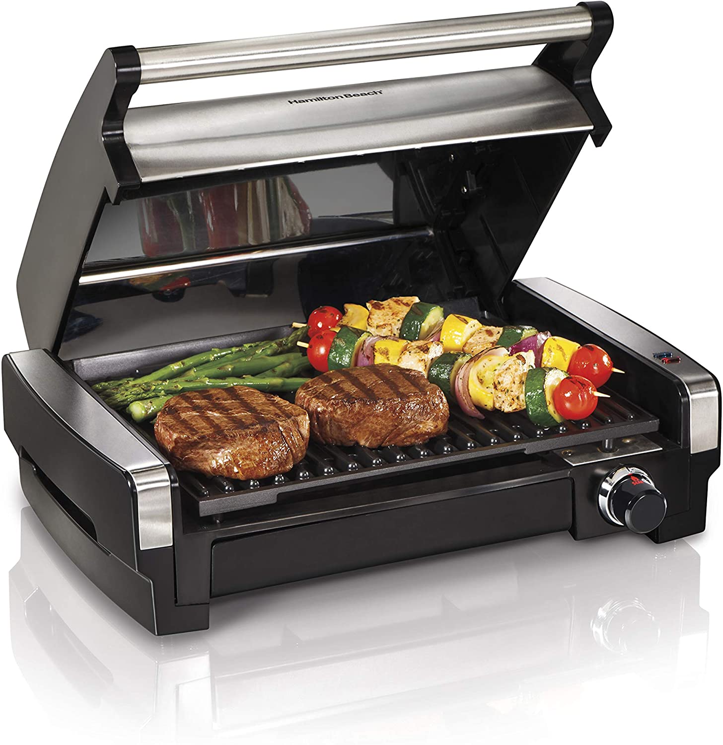 Hamilton Beach Electric Indoor Searing Grill Removable Easy-To-Clean Nonstick Plate, 6-Serving, Extra-Large Drip Tray, Stainless Steel