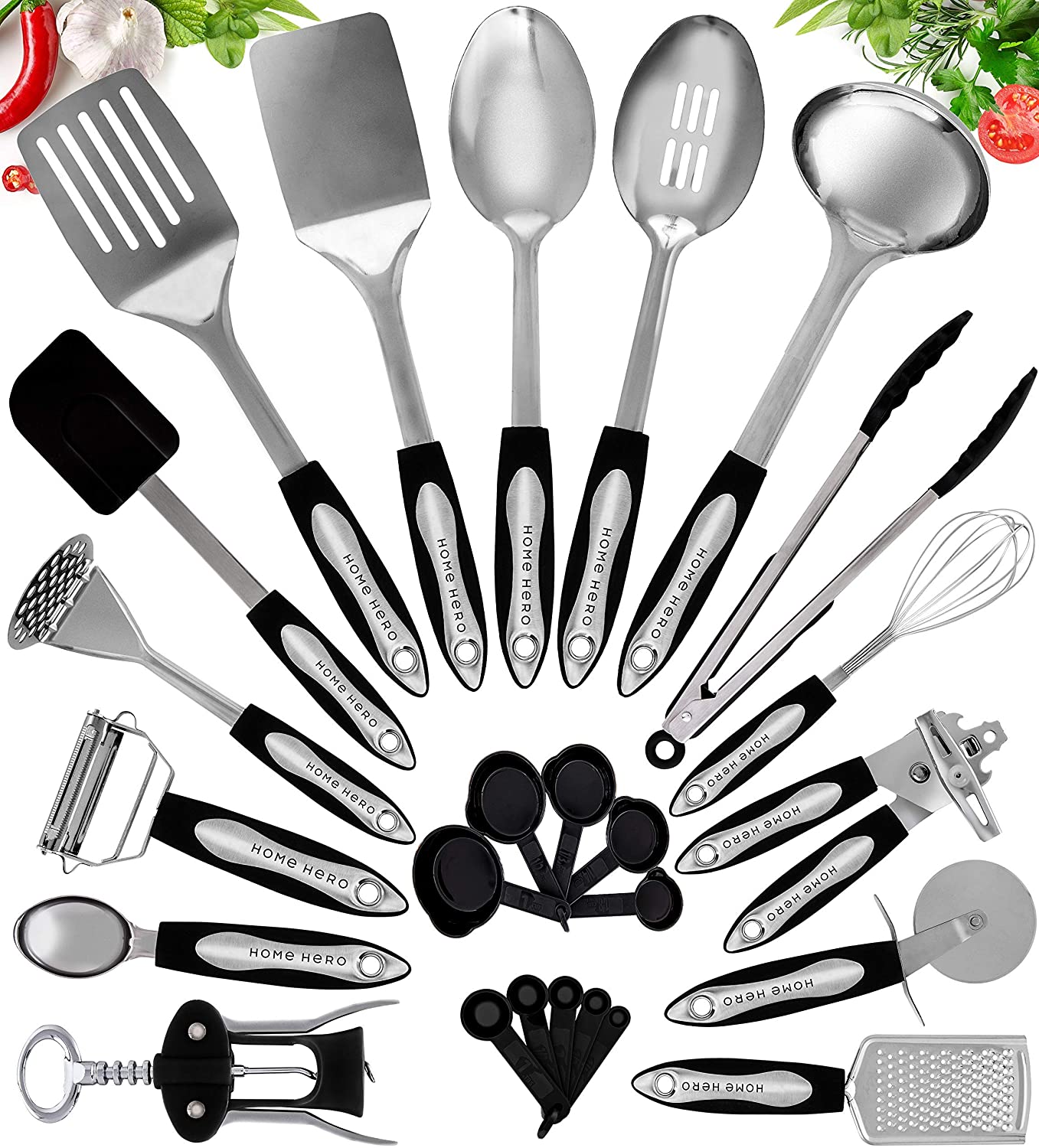 Home Hero Stainless Steel Kitchen Cooking Utensils - 25 Piece Kitchen Utensil Set