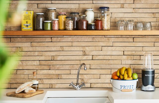 See How  to Use Stickable Wallpaper for an Inexpensive Backsplash yellow banana fruit on white ceramic bowl